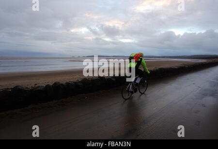 Swansea, Regno Unito. Il 13 gennaio, 2016. Regno Unito Meteo: un ciclista pedala lungo il percorso lungo Swansea Beach, South Wales, Regno Unito. Re: vento, pioggia e temperature basse è stata che riguardano parti del Regno Unito. Credito: D Legakis/Alamy Live News Foto Stock