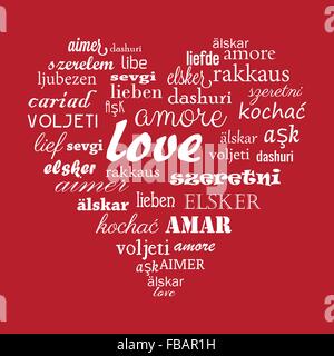 Amore cuore vettore con calligrafica parole in tutte le lingue per buon San Valentino in tutto il mondo Illustrazione Vettoriale