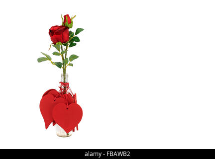 Cuori di San Valentino e rosa rossa in una bottiglia di vetro isolato su sfondo bianco Foto Stock