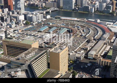 Vista aerea del mercato del pesce Tsukiji, Tokyo Foto Stock