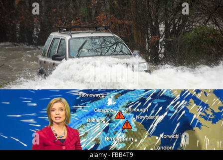 Una immagine composita della tempesta Desmond previsioni meteo e dei suoi impatti, qui una vettura andando attraverso le acque di esondazione in Ambleside, Foto Stock
