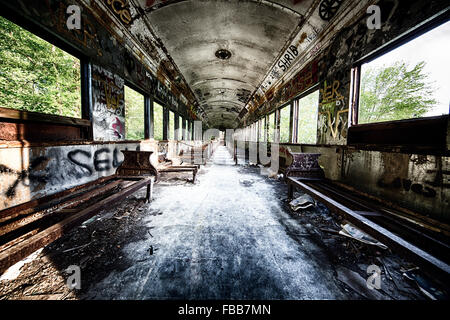 Basso angolo vista interna di un pesce eviscerato e ruggine lontano vagone ferroviario, Lambertville, Hunterdon County, New Jersey Foto Stock