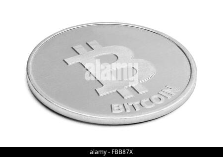 Argento Bitcoin valuta digitale isolato su uno sfondo bianco. Foto Stock