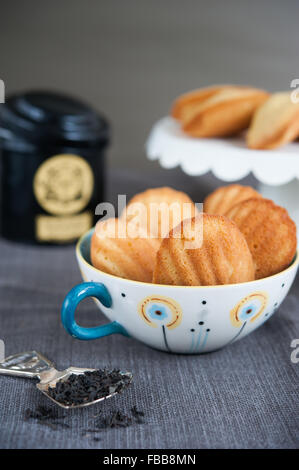 Madeleines disposti in una tazzina e sulla torta stand con Mariage Frères sciolti tè Earl Grey in primo piano. Foto Stock