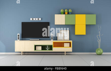 TV moderne unità a parete in un blu soggiorno - 3D Rendering Foto Stock