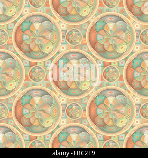 Complesso disegno geometrico, in armoniosi colori dai toni tenui di marrone, verde smeraldo, giallo e arancione, realizzato interamente da quadrati e cerchi Foto Stock