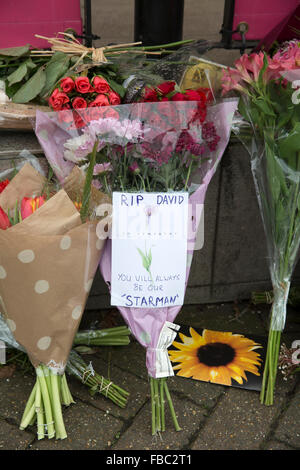 Beckenham, Regno Unito. 14 gennaio, 2016. Omaggi floreali sono ancora in corso di cui al di fuori di un ristorante a Beckenham in cui David Bowie ha lanciato hir carriera nel 1969 quando era il Three Tuns pub. Credito: Keith Larby/Alamy Live News Foto Stock
