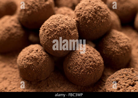 Chiusura del gruppo di in casa gustosi tartufi di cioccolato spolverati con del cacao in polvere. Profondità di campo Foto Stock