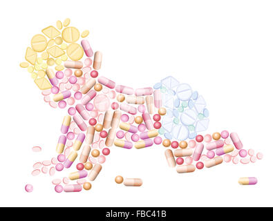 Pillole - medicinali che forma la silhouette di un bambino, come un simbolo per le industrie farmaceutiche e problemi medici - illustrazione. Foto Stock