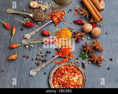 Spezie aromatiche con pepe e curcuma in polvere, il cumino e i semi di coriandolo, fiocchi di peperoncino , anice, noce moscata e cannella Foto Stock