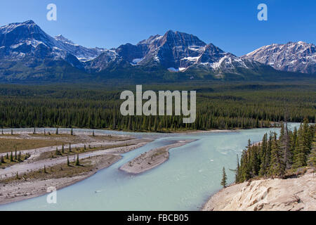 Athabasca River con acqua di disgelo glaciale che porta farina di roccia di fronte montagne rocciose, il Parco Nazionale di Jasper, Alberta, Canada Foto Stock