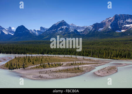 Athabasca River con acqua di disgelo glaciale che porta farina di roccia di fronte montagne rocciose, il Parco Nazionale di Jasper, Alberta, Canada Foto Stock