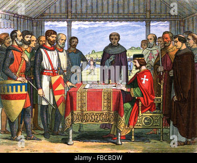 Magna Carta. Un 19thC raffigurazione del Re Giovanni firma la Magna Charta (la grande carta) a Runnymede nel 1215 Foto Stock