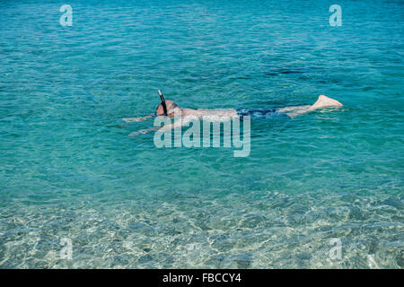 Cinquant'anni di vecchio uomo caucasico snorkles off St. Croix, U.S. Isole Vergini. Foto Stock