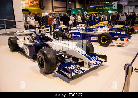 Birmingham, Regno Unito. Xiv gen, 2016. Williams F1 display ad Autosport il passato e il presente F1 auto Credito: Steven roe/Alamy Live News Foto Stock