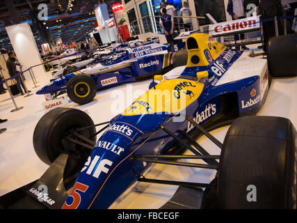 Birmingham, Regno Unito. Xiv gen, 2016. Williams F1 display ad Autosport il passato e il presente F1 auto Credito: Steven roe/Alamy Live News Foto Stock