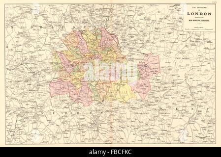 GREATER LONDON E DINTORNI: Mostra nuovi quartieri urbani. BACON, 1903 mappa vecchia Foto Stock