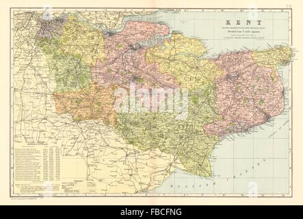 KENT county map. Circoscrizioni parlamentare divisioni. Le ferrovie. BACON 1903 Foto Stock