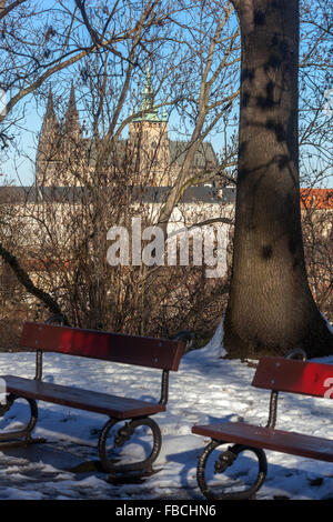 I percorsi e le panche a Petrin Hill affacciato sul Castello di Praga attraverso gli alberi in inverno, Praga, Repubblica Ceca, Europa Foto Stock