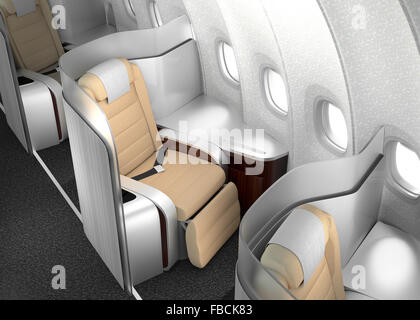 Close-up di lussuosa poltrona business class con argento metallico partizione. 3D rendering immagine in un design originale. Foto Stock