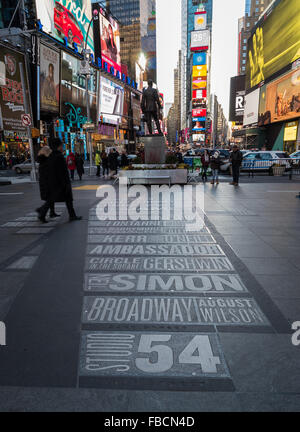 La pavimentazione della piazza Duffy, Times Square inset con una mappa tipografica dei teatri di Broadway e i turisti in cerca di una statua Foto Stock