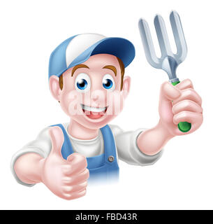 Un cartoon giardiniere uomo tenendo un giardino forcella e dando un pollice in alto Foto Stock