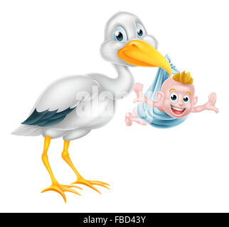 Una illustrazione di un cartoon stork bird tenendo un bambino di neonato. Mito classico di Stork bird offrendo un neonato Foto Stock