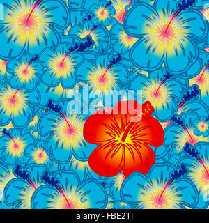 Uno dispari, red hibiscus su uno sfondo pieno di luce blu hibiscus. Floral arte digitale. Foto Stock