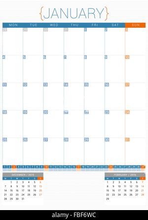 Calendario Planner 2016 Modello di disegno. Gennaio. La settimana inizia il lunedì Illustrazione Vettoriale