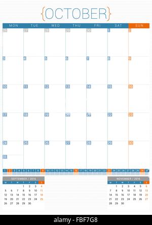 Calendario Planner 2016 Modello di disegno. Ottobre. La settimana inizia il lunedì Illustrazione Vettoriale