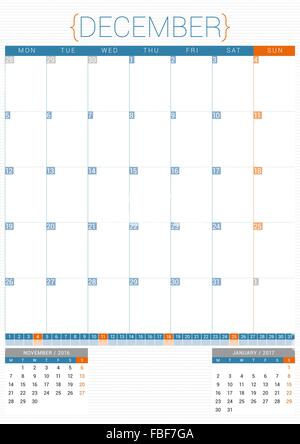 Calendario Planner 2016 Modello di disegno. Dicembre. La settimana inizia il lunedì Illustrazione Vettoriale