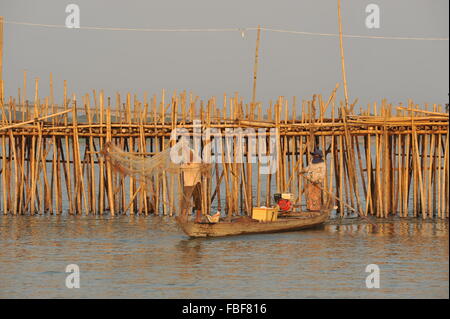 Il Khmer giovane pesca, gettando la loro rete da pesca nei pressi del ponte di bambù sul fiume Mekong, Kampong Cham, Cambogia. © Kraig Lieb Foto Stock