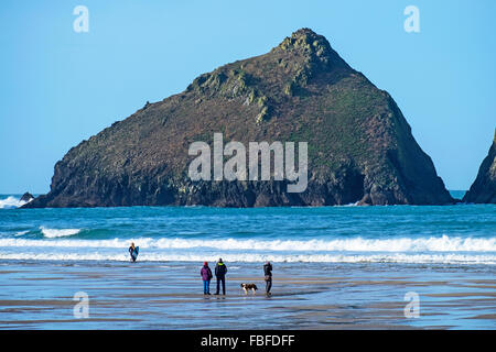 Carradori Rocks off shore a Holywell Bay in Cornwall, Regno Unito Foto Stock