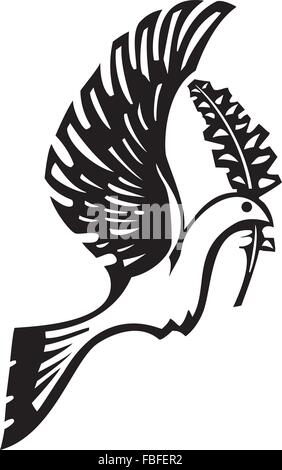 Xilografia stile immagine di una colomba della pace volare con un ramo di olivo Illustrazione Vettoriale