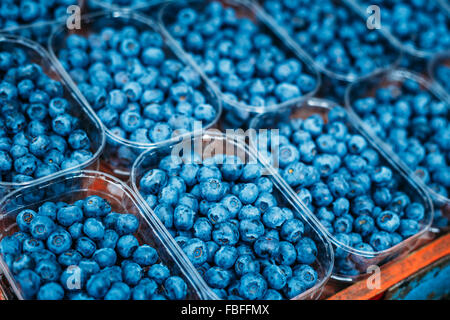 Assortimento di organico fresco bacche Mirtilli a produrre sul mercato locale in cesti e contenitori. Foto Stock