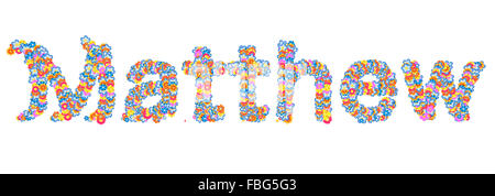 Nome maschio riempito di fiori separato con il bianco Foto Stock