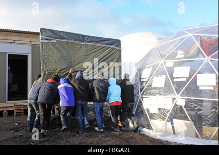 Jungle, Calais, Francia. Venerdì 15 Gennaio 2016. I volontari aiutano i profughi si muovono rifugi temporanei al di fuori della zona di demolizione. Foto Stock