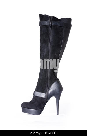 In pelle scamosciata e cuoio womens nero lunghezza al ginocchio stiletto stivali. Foto Stock