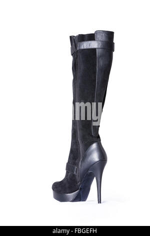 In pelle scamosciata e cuoio womens nero lunghezza al ginocchio stiletto stivali. Foto Stock