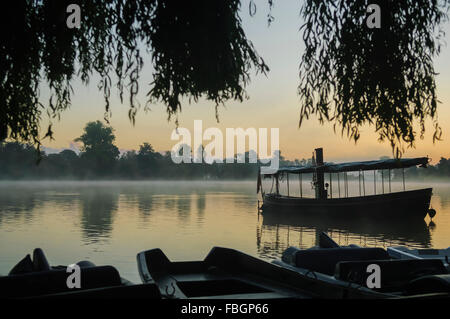 Barche su un lago, leggermente silhouhetted, inizio in una nebbiosa mattina, con nebbia sull'acqua, alberi all'orizzonte e filiali Foto Stock