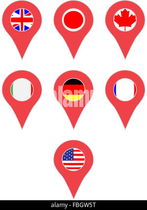 Posizione del pin paese G7. L'America e l'Italia, Stati Uniti e Germania, Francia e Giappone e Canada. Arte vettoriale abstract insolito Foto Stock