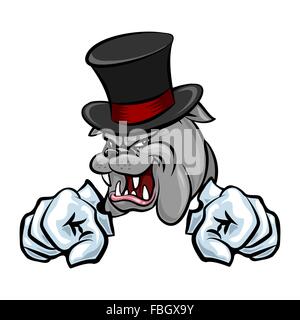 Bulldog in hat e zampe in guanti. In stile cartone animato. Isolato su bianco. Illustrazione Vettoriale