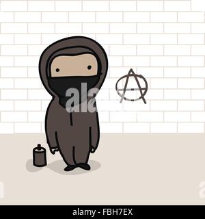 Cartoon di un anarchico e una lattina di spray di fronte a un muro di mattoni con anarchia segno Illustrazione Vettoriale