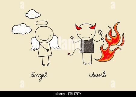 Disegno infantile di graziosi devil e angel con fiamme e nuvole Illustrazione Vettoriale