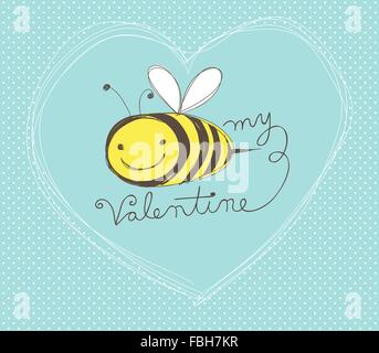 Carino disegnati a mano il giorno di San Valentino card con il cartoon bee Illustrazione Vettoriale