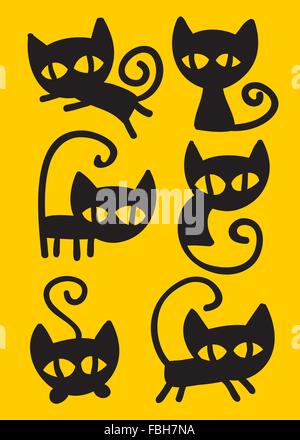 Raccolta di cute cartoon nero gatti in varie posizioni. Illustrazione Vettoriale