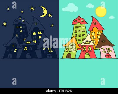 Cartoon carino strada di notte e di giorno Illustrazione Vettoriale