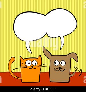 Cartoon carino di cane e di gatto con il discorso di bolle. Illustrazione Vettoriale