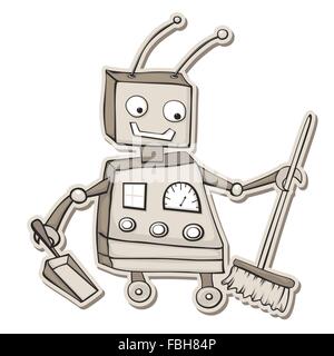 In stile retrò cartoon robot con la scopa e paletta. Illustrazione Vettoriale