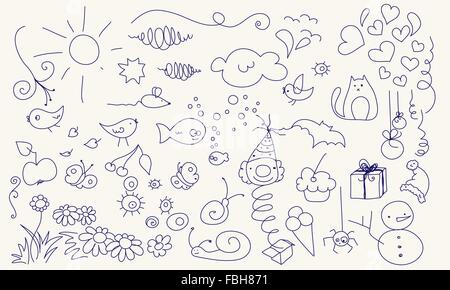 Raccolta di vari elementi doodle per il design. Illustrazione Vettoriale